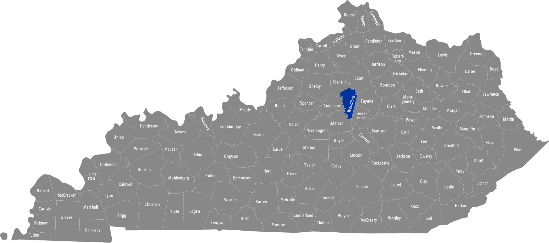Kentucky map with Woodford county highlighted in blue